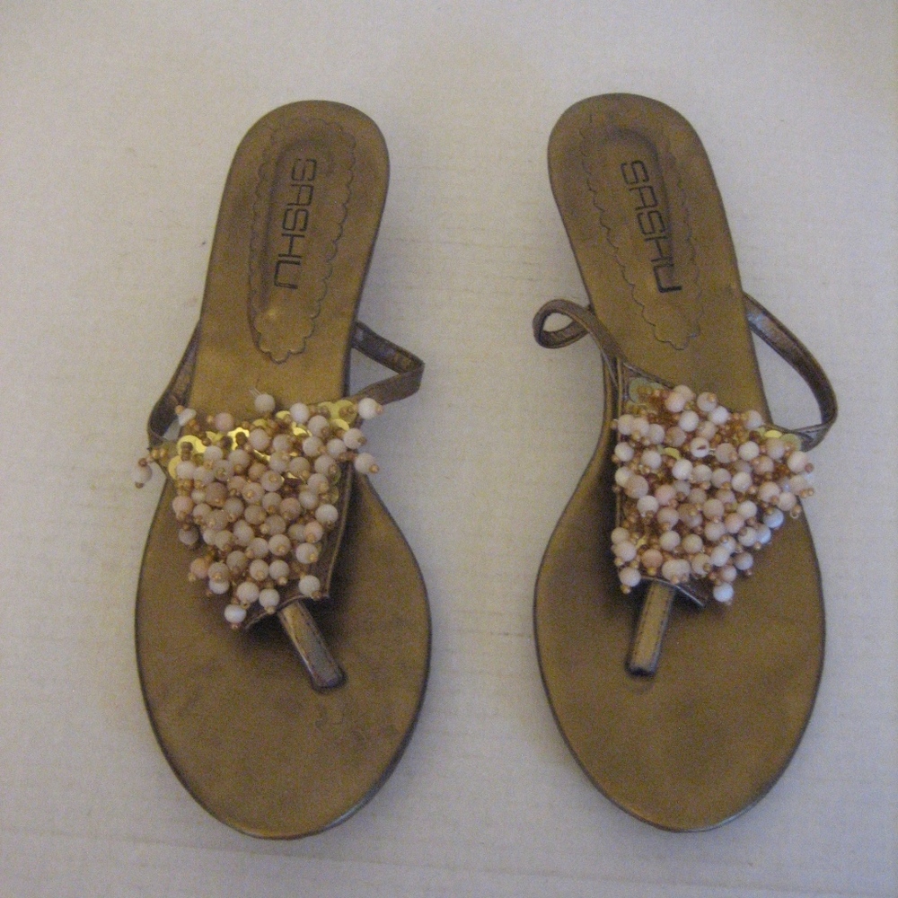 Sashu Bronze Faux Leather Beaded Kitten Heel Shoe